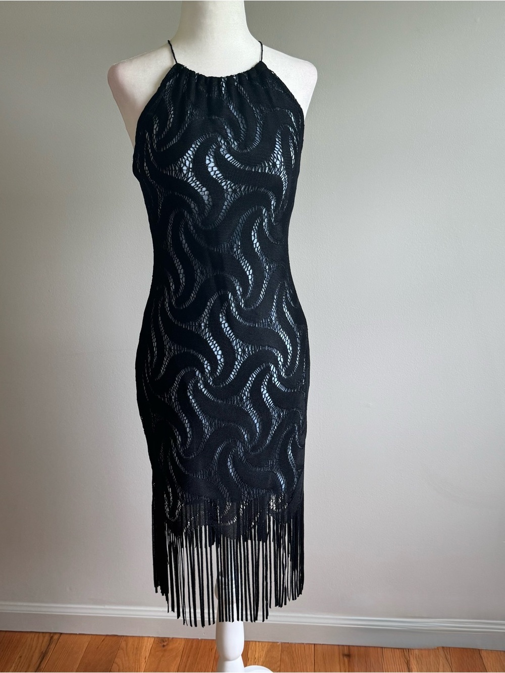 Black Halter Lace Fringe Midi Dress Size Small